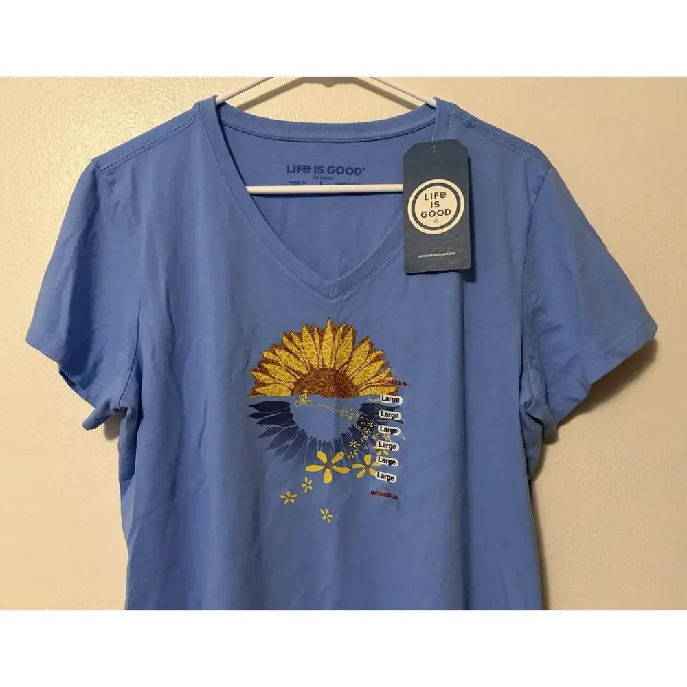 Life Is Good Crusher Tee Shirt Sunflower Bike Ride Womens Large Short Sleeve New